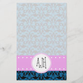 Papeterie Motif Damas, Damas Bleu, Monogramme (Devant)