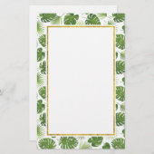 Papeterie Motif Feuille Tropical Vert avec cadre Or Faux (Devant / Derrière)
