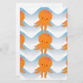 Papeterie Motif Octopus Orange Et Vagues Bleues (Devant / Derrière)
