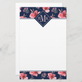 Papeterie Motif rose foncé d'aquarelle du monogramme | (Devant / Derrière)