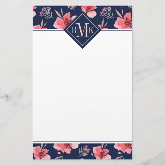 Papeterie Motif rose foncé d'aquarelle du monogramme | (Devant)