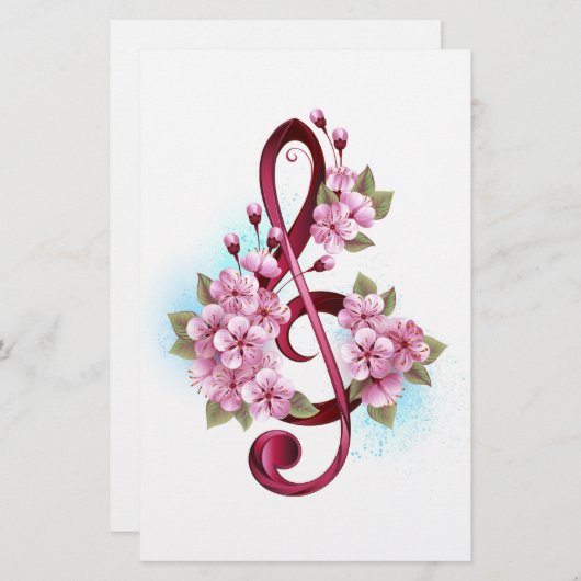 Papeterie Musical treble clef notes with sakura flowers (Devant / Derrière)
