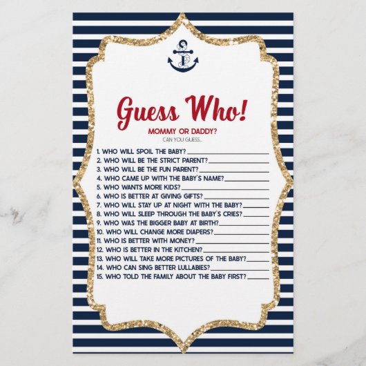 Papeterie Nautical Navy Blue Devinez Qui ! Jeu baby shower (Devant)