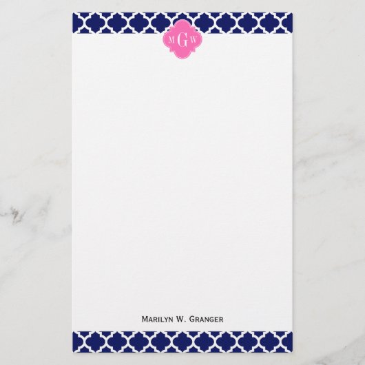 Papeterie Navy Wht Marocain #5 Rose Chaud2 3 Monogramme Init (Devant)