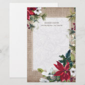 Papeterie Noël Burlap Dentelle Poinsettias Feuilles verts (Devant / Derrière)