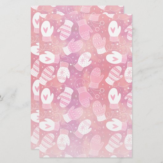 Papeterie Noël d'hiver Mittens Motif en rose (Devant / Derrière)