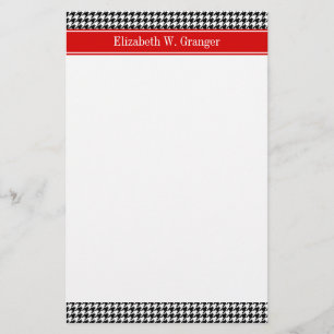 Papeterie Noir Blanc Houndstooth Nom rouge Monogramme
