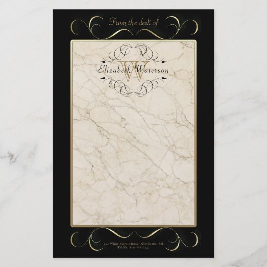 Papeterie Noir de marbre blanc d'or d'ornement de monogramme (Devant)