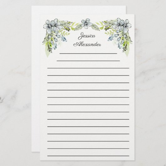 Papeterie Nom de la mignonne vert bleu main Fleurs dessinées (Devant / Derrière)