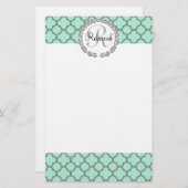 Papeterie Nom du monogramme de Quatrefoil vert et gris (Devant / Derrière)