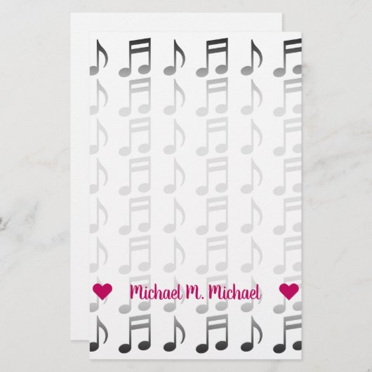 Papeterie Nom personnalisable ; Grille de notes musicales (Devant / Derrière)