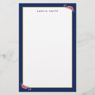 Papeterie Nom personnalisé chic Bordure bleue Fleurs roses