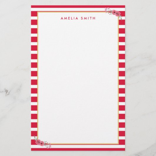 Papeterie Nom Personnalisé Chic Pink Stripes Rose Fleurs (Devant)