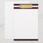 Papeterie Nom personnalisé du Motif de bande dorée violet fo (Devant / Derrière)