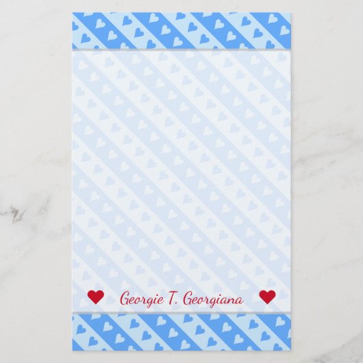 Papeterie Nom personnalisé + Motif Coeurs et rayures bleus (Devant)