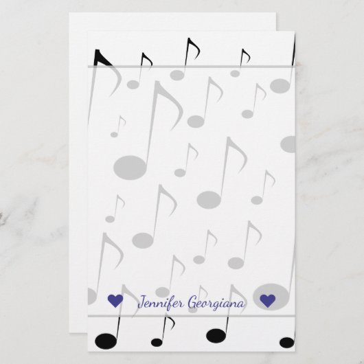 Papeterie Nom personnalisé + Motif de notes musicales (Devant / Derrière)