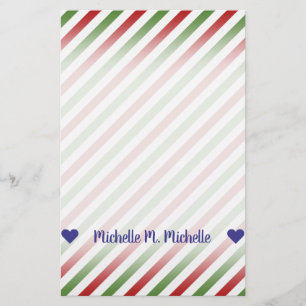 Papeterie Nom personnalisé ; Motif rayé rouge, blanc et vert
