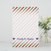 Papeterie Nom personnalisé ; Motif rayé rouge, blanc et vert (Debout devant)