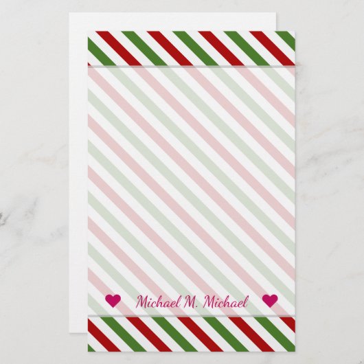 Papeterie Nom personnalisé + Motif rayé rouge, blanc et vert (Devant / Derrière)