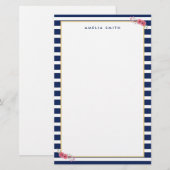 Papeterie Nom Preppy Chic Blue Stripes Fleurs roses (Devant / Derrière)