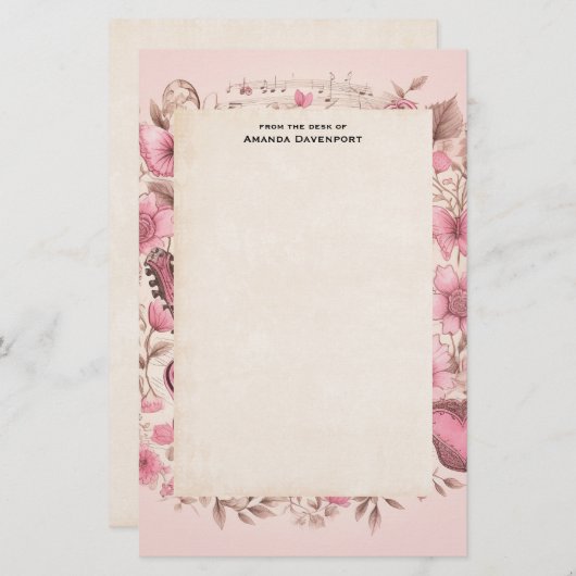 Papeterie Notes de musique et Fleurs style rétro (Devant / Derrière)