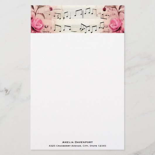 Papeterie Notes musicales et style Vintage Rose (Devant)