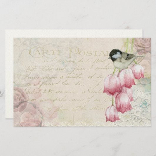 Papeterie Oiseau et fleurs avec écriture manuscrite Shabby V (Devant / Derrière)