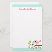 Papeterie Oiseau rose mou avec oeuf sur la branche Nom perso (Devant / Derrière)