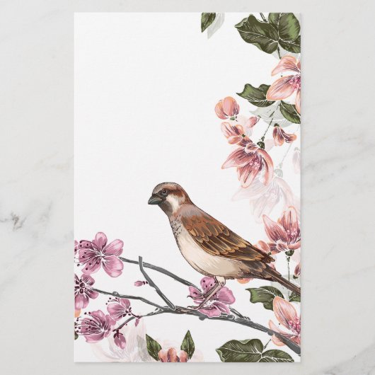 Papeterie Oiseau sur une branche avec les fleurs roses (Devant)