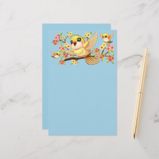 Papeterie Oiseaux mignons et heureux parmi les fleurs du pri (Devant/Arrière en situation)