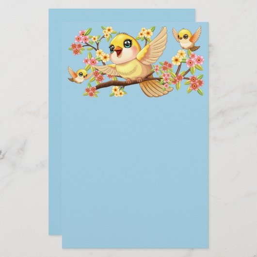 Papeterie Oiseaux mignons et heureux parmi les fleurs du pri (Devant / Derrière)