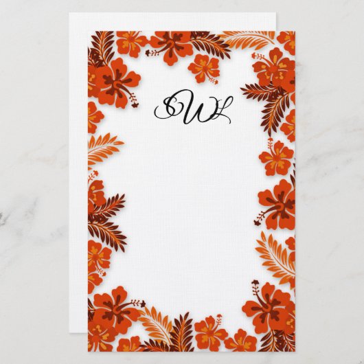 Papeterie Orange Hibiscus Bordure Monogramme Papier blanc (Devant / Derrière)