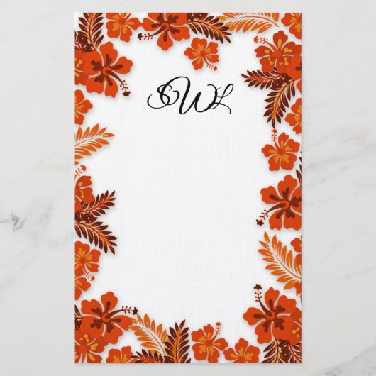 Papeterie Orange Hibiscus Bordure Monogramme Papier blanc (Devant)