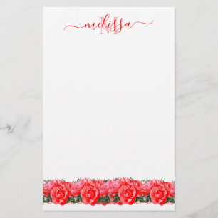 Papeterie Papier à lettres élégante au Monogramme rouge Rose