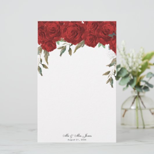 Papeterie Papier mariage vert à roses rouges (Debout devant)