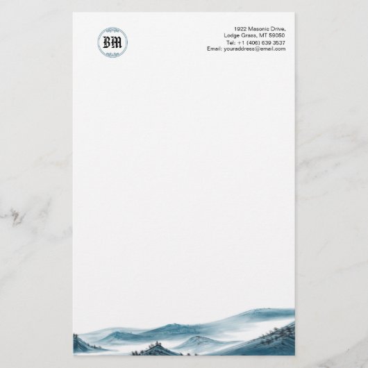 Papeterie Papier Monogramme Bleu Montagne Vue Blanc (Devant)
