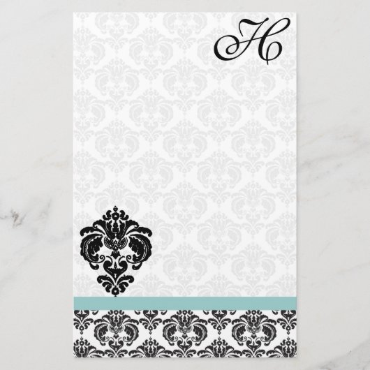 Papeterie Papier Recyclé Aqua Blue Damask Monogram (Devant)