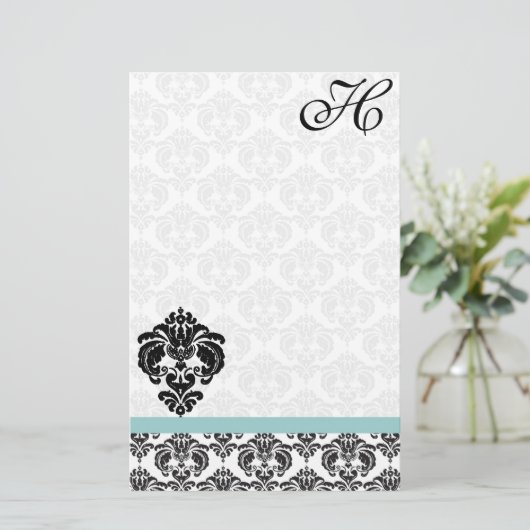 Papeterie Papier Recyclé Aqua Blue Damask Monogram (Debout devant)
