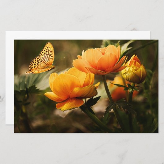 Papeterie Papillon orange et fleurs (Devant / Derrière)