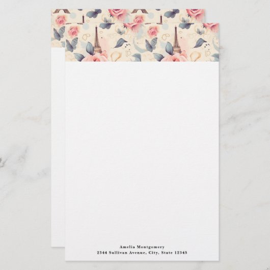 Papeterie Papillon Tour Eiffel et Motif Rose (Devant / Derrière)