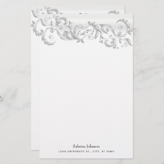 Papeterie Pearl blanche Ornate sur blanc (Devant / Derrière)