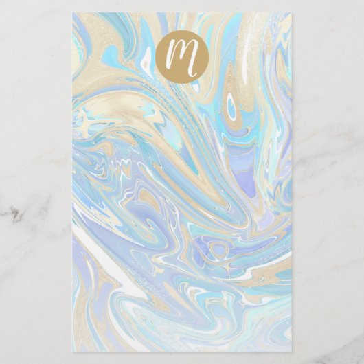 Papeterie Pearlescent Aqua & Gold Liquide Marbre & Monogramm (Dos)