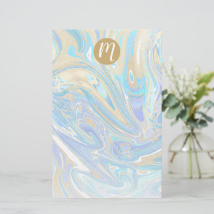 Papeterie Pearlescent Aqua & Gold Liquide Marbre & Monogramm