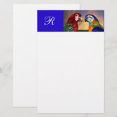 PAPETERIE PERROQUETS HYPER / ARA ROUGE ET BLEU  MONOGRAMME (Devant / Derrière)