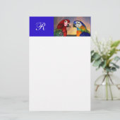 PAPETERIE PERROQUETS HYPER / ARA ROUGE ET BLEU  MONOGRAMME (Debout devant)
