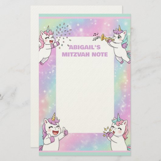 Papeterie Personnalisé Mitzvah Note Rose mignon Unicorne (Devant / Derrière)