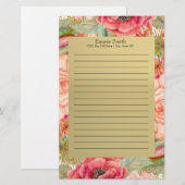 Papeterie Personnalisé rose et rouge floral et or (Devant / Derrière)