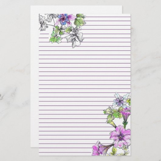 Papeterie Pétunia violet Aquarelle Fleurs Lilac Lined (Devant / Derrière)