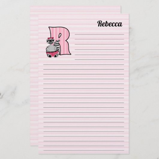 Papeterie Pink Raccoon Mongram Lettre R avec nom Linked (Devant / Derrière)