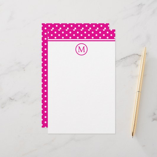 Papeterie Points blancs chic sur un monogramme rose vif (Devant/Arrière en situation)